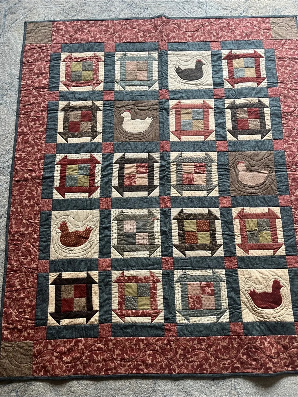 Handmade Hen House Quilt 51” x 61” Made by Maria Umhey